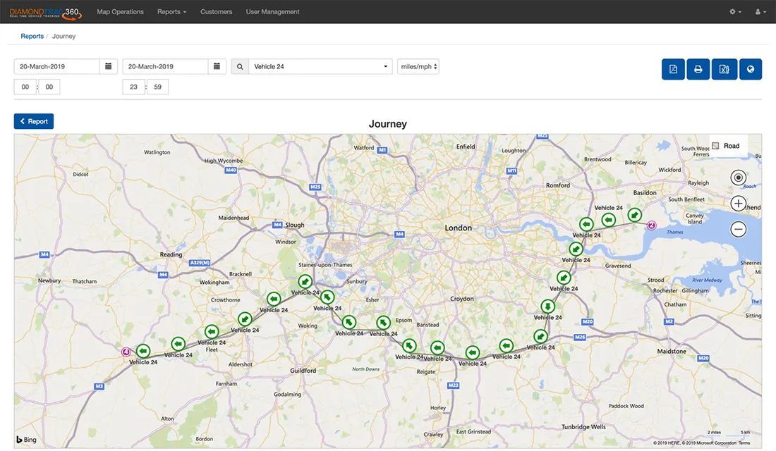 A snail trail on the map showing the route a vehicle took on a completed journey